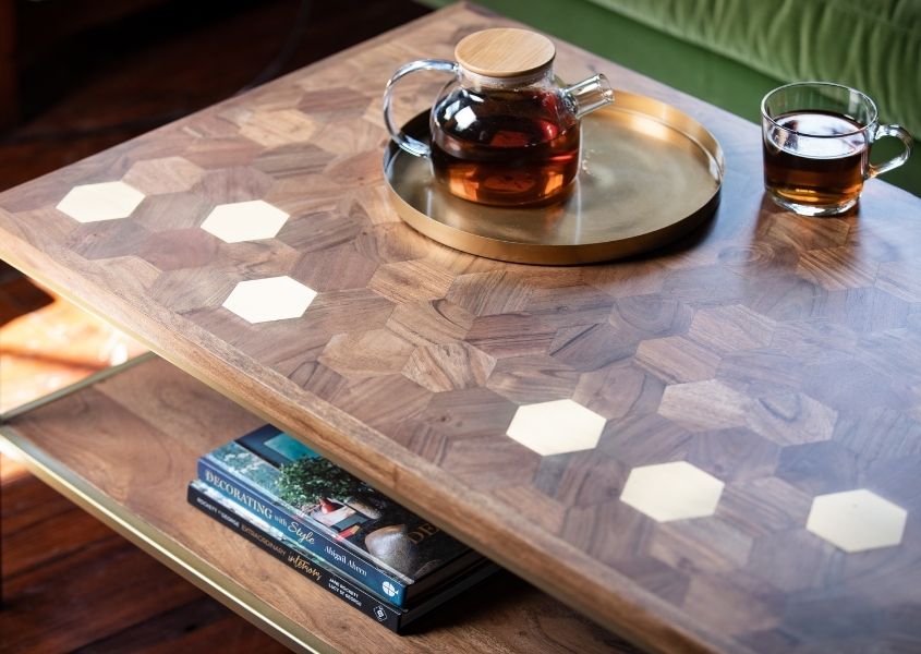 mango wood coffee table with brass hexagonal inlays