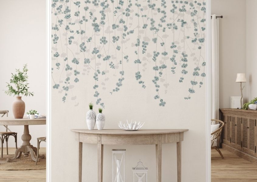 blossom wallpaper with rustic console table