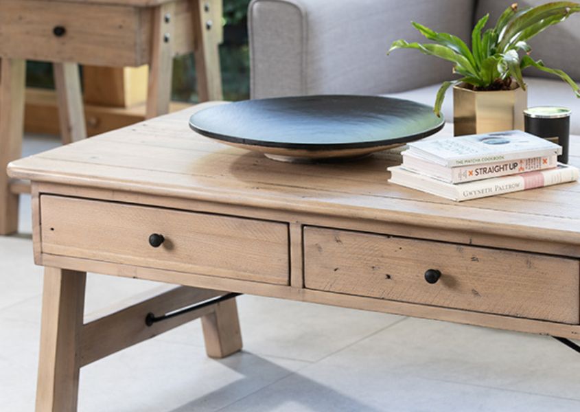 reclaimed wood coffee table with two drawers and round metal handles