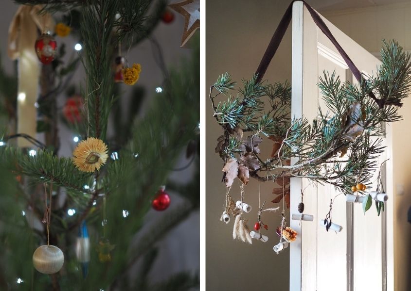 Two images of Christmas decorations using dried flowers