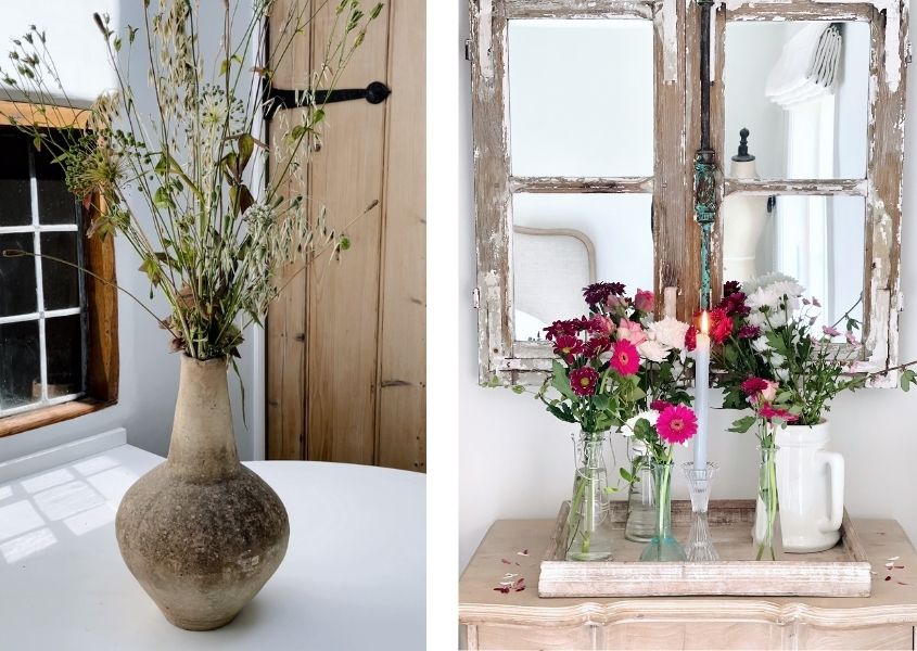 vases on flowers on solid wood tables