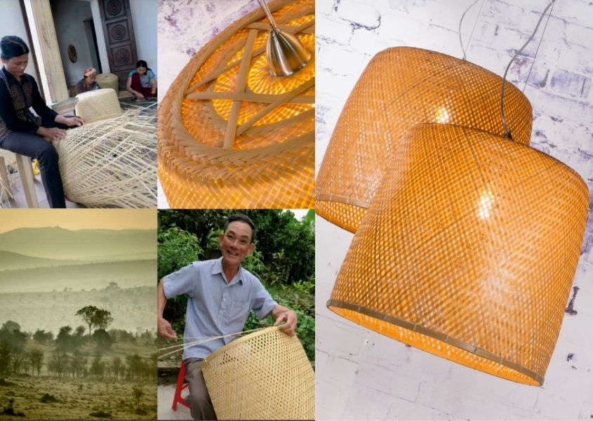 Five different images of a bamboo hanging pendant light, including a man making the light and tropical location where light is made