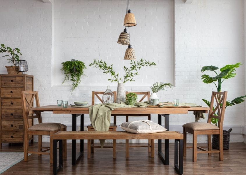 industrial dining table with wooden dining bench and wooden dining chairs