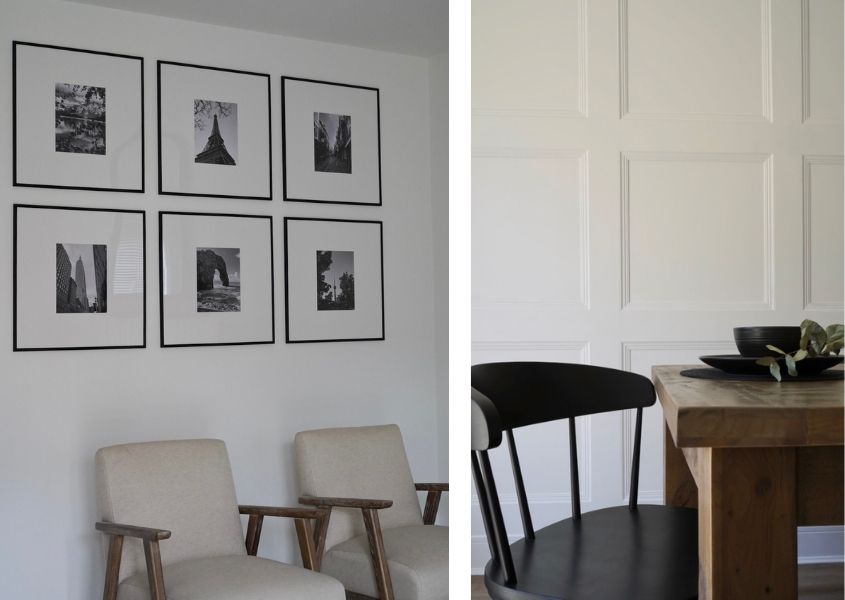 Six black framed prints on the wall with a black wooden dining chair and rustic dining table