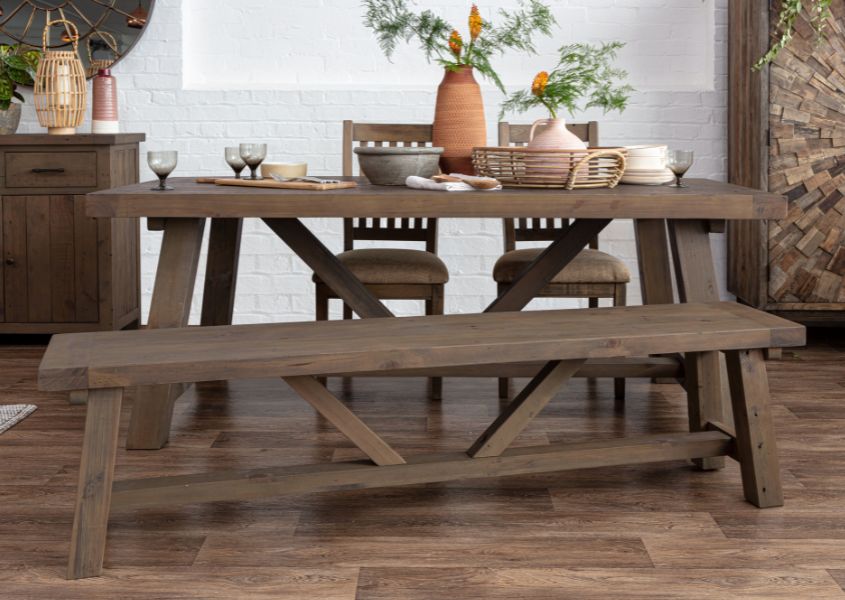 reclaimed wood dining table with matching wooden dining bench