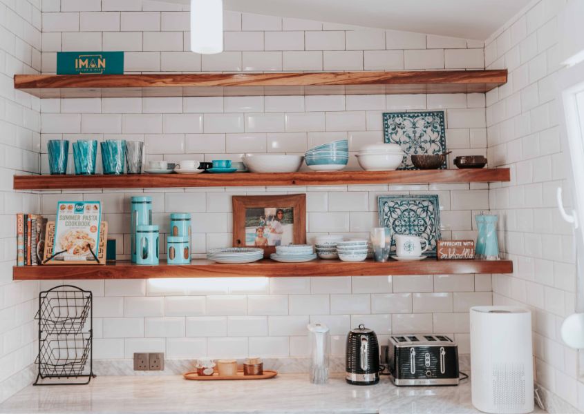 rustic wooden shelves in white kitchen