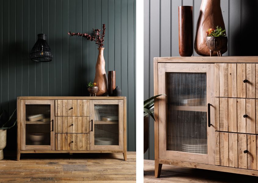 large sideboard in reclaimed wood with two cupboards and three drawers