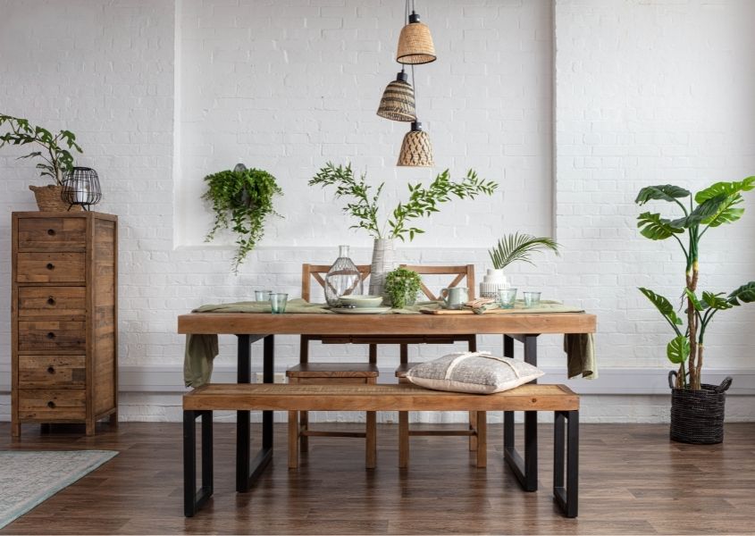 industrial dining table with matching wooden dining bench