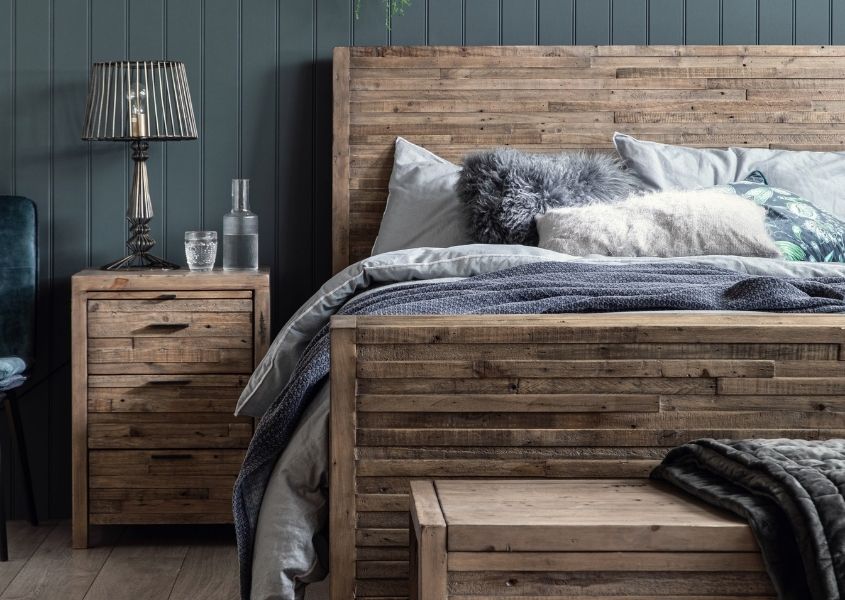 reclaimed wood bed frame and reclaimed wooden bedside table