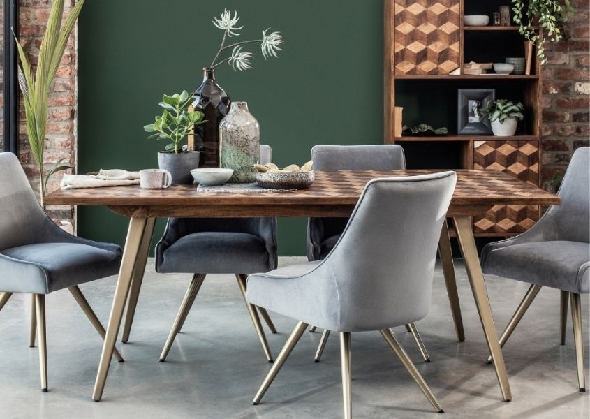 mango wood dining table with grey velvet dining chairs