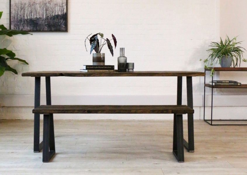 industrial dining table and matching wooden dining bench