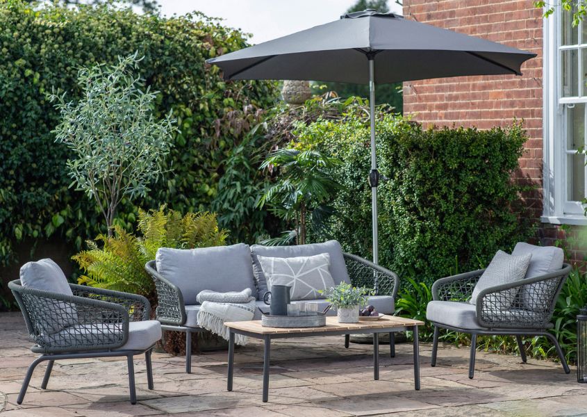 outdoor patio set with grey cushions
