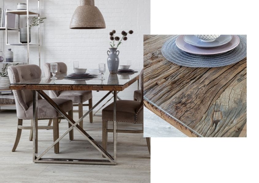 reclaimed wood dining table with close up of rustic wood