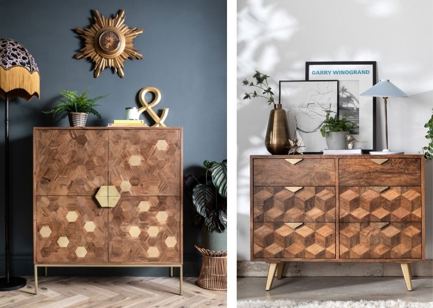 wooden highboard with brass inlays and mango wood sideboard with diamond pattern 
