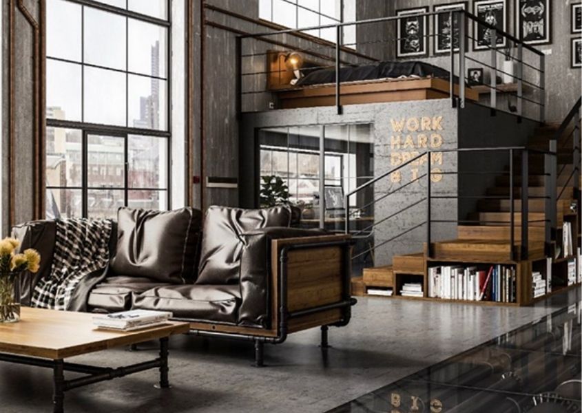 warm industrial style living room
