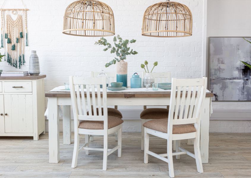 reclaimed wood dining table with white wooden dining chairs