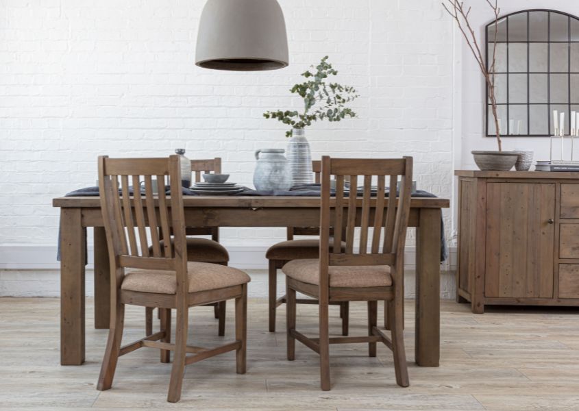reclaimed wood dining table with wooden dining chairs