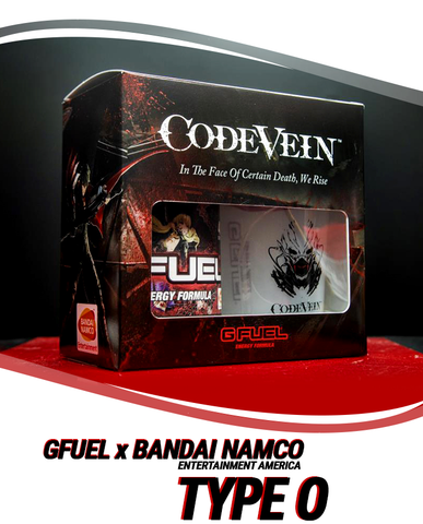 A G FUEL Code Vein Collector's Box is pictured above a line that reads "G FUEL x Bandai Namco Entertainment America Type O"