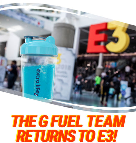 A G Fuel Extra Life Shaker Cup in front of an E3 sign