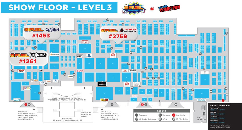 NYCC 2023 Show Floor Map with G FUEL Booths Highlighted