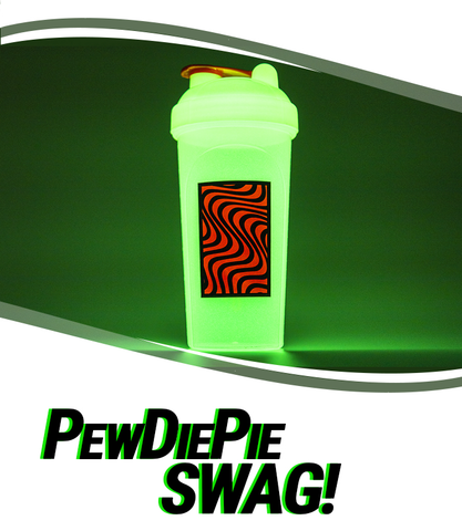 A glowing PewDiePie G Fuel shaker cup is pictured above a line that reads "PewDiePie Swag!"