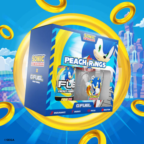 G FUEL Sonic's Peach Rings will also be available for sale to customers in the U.S. and Canada in 40-serving tubs and limited-edition collectors boxes, which include one tub and one shaker cup, at gfuel.com on August 19, 2020.