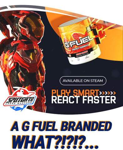 A Splitgate Arena Warfare character and Blood Orange G Fuel tub