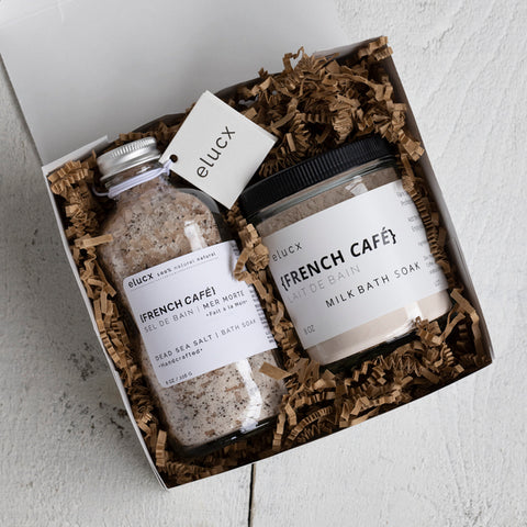 gift set composed of FRENCH CAFÉ sea salt bath soak and milk bath soak