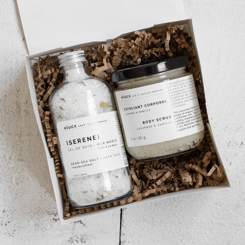 spa gift box with serene bath soak and lavender vanilla body scrub