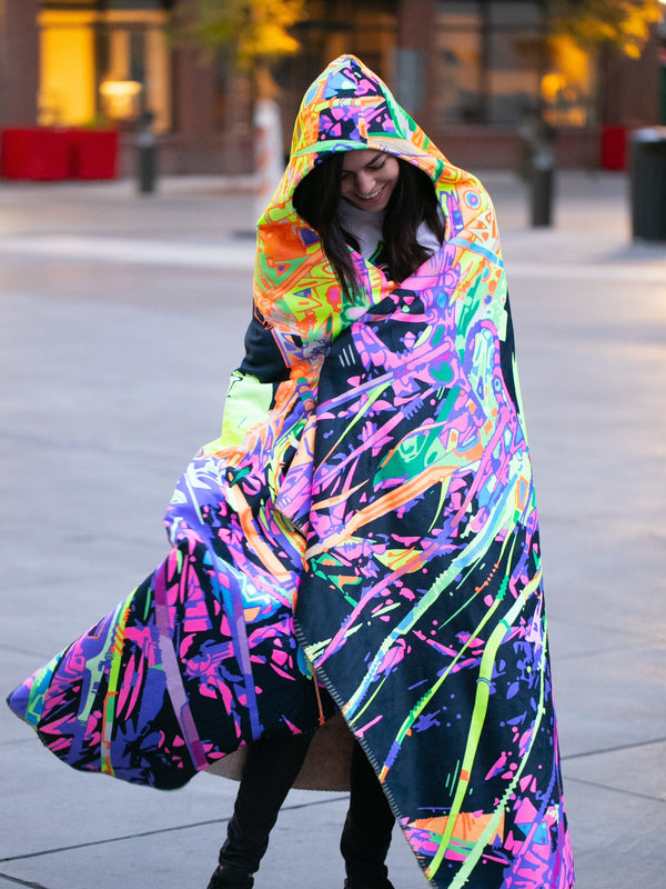 Neon Trippy Skull Hooded Blanket - Electro Threads