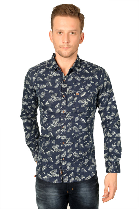 denim and flower slim fit shirt