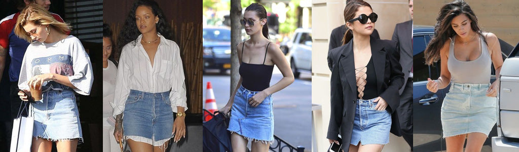 celebrities wearing denim skirts