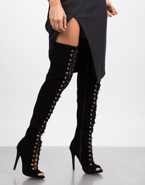 Lace-Up Thigh High Boots - Black Gladiator Heels - Peep Toe – 2020AVE