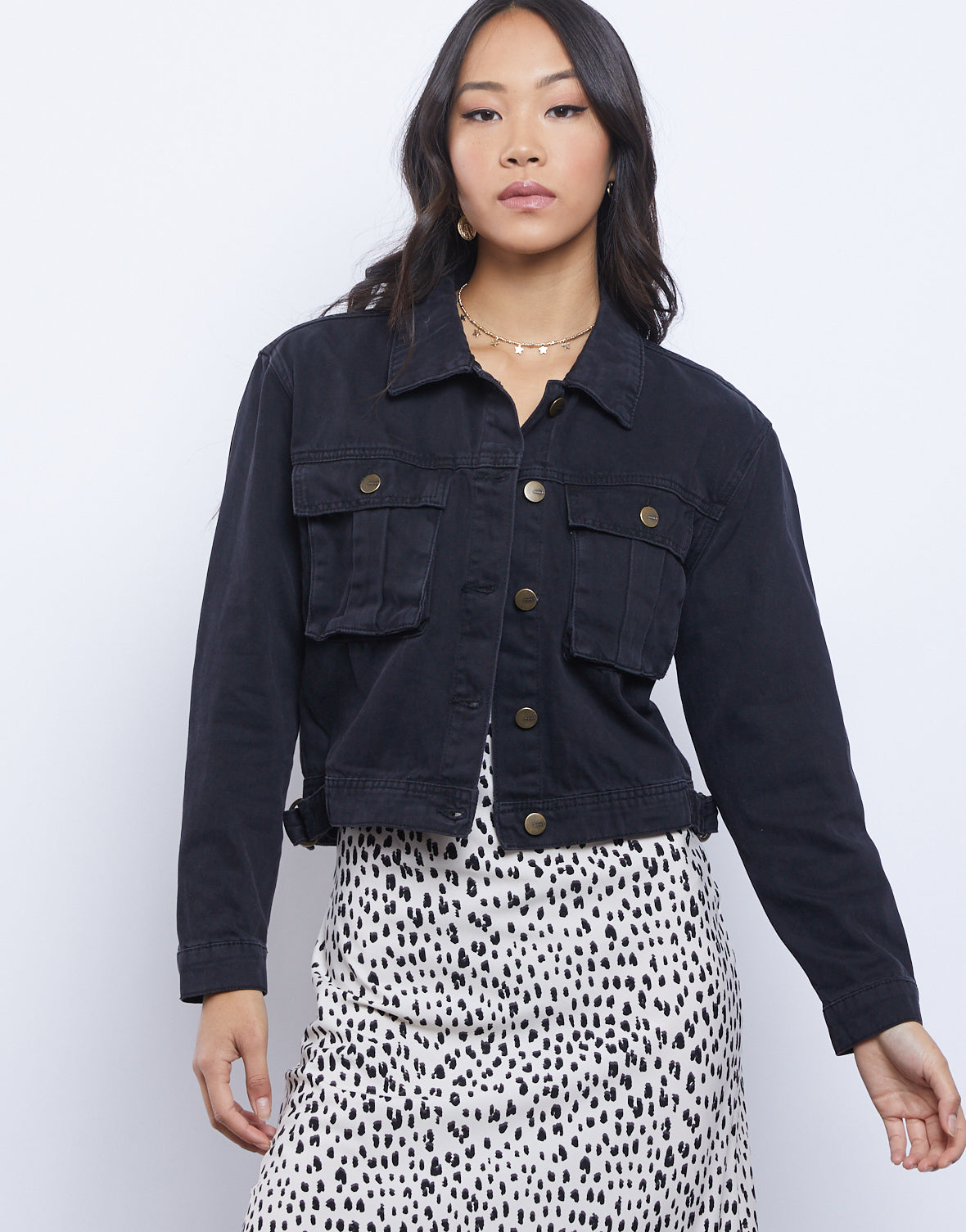 black denim jacket with dress