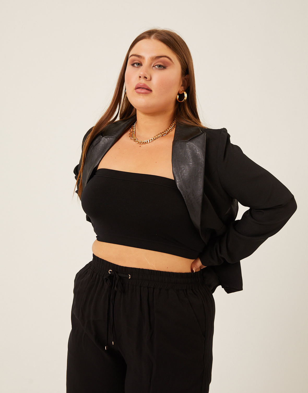 Curve Faux Leather Trim Blazer