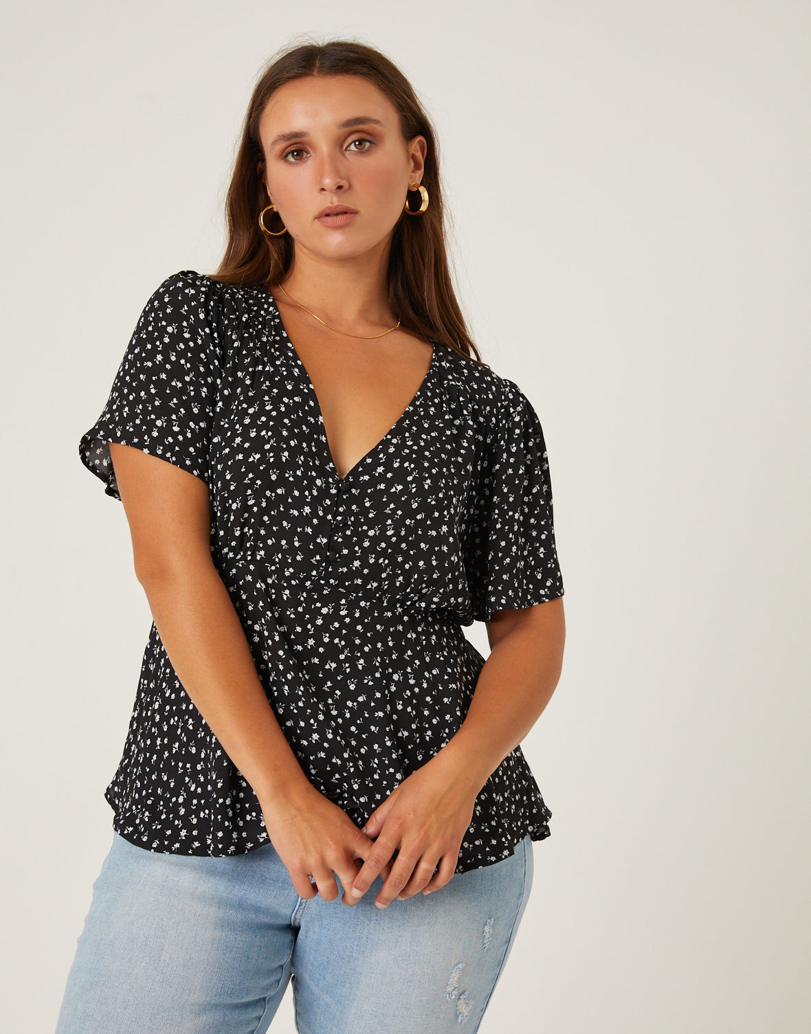 Plus Size Flutter Sleeve Floral Top - 2020AVE product image