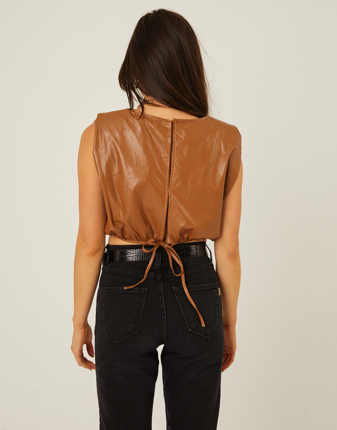 Faux Leather Shoulder Pad Top