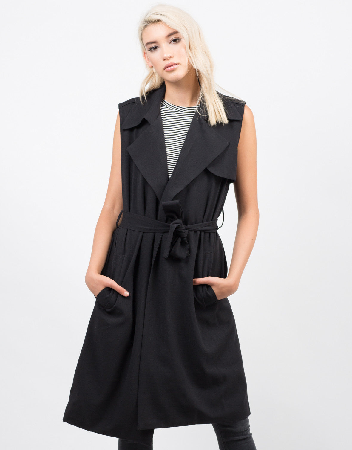 Sleeveless Belted Trench Coat - Black Jacket - Oversize Vest – 2020AVE