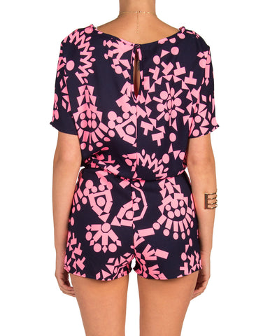 Abstract Pattern Short Sleeve Romper - Pink