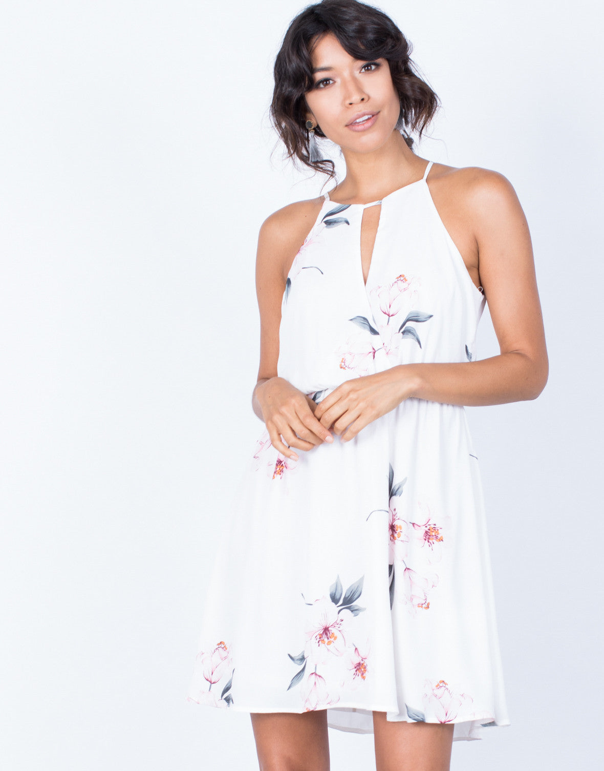 white flowy floral dress