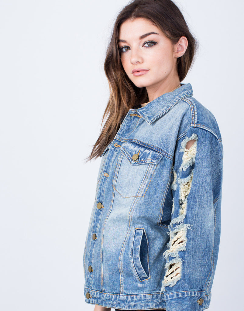 Download All Distressed Sleeves Denim Jacket - Destroyed Blue Denim ...