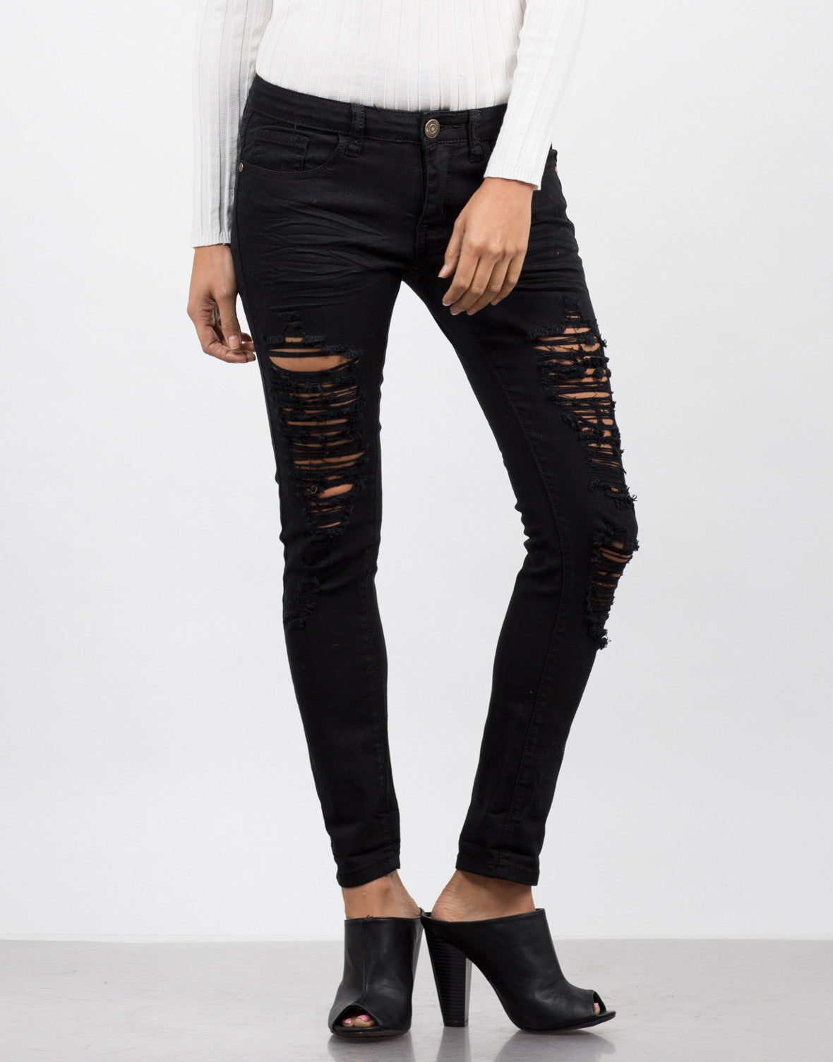Black Destroyed Capri Jeans - Black Denim - Distressed Jean – 2020AVE