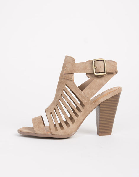 Buckle Strap Caged Sandals - Open Toe Heel Sandals - Cut Out Sandals ...