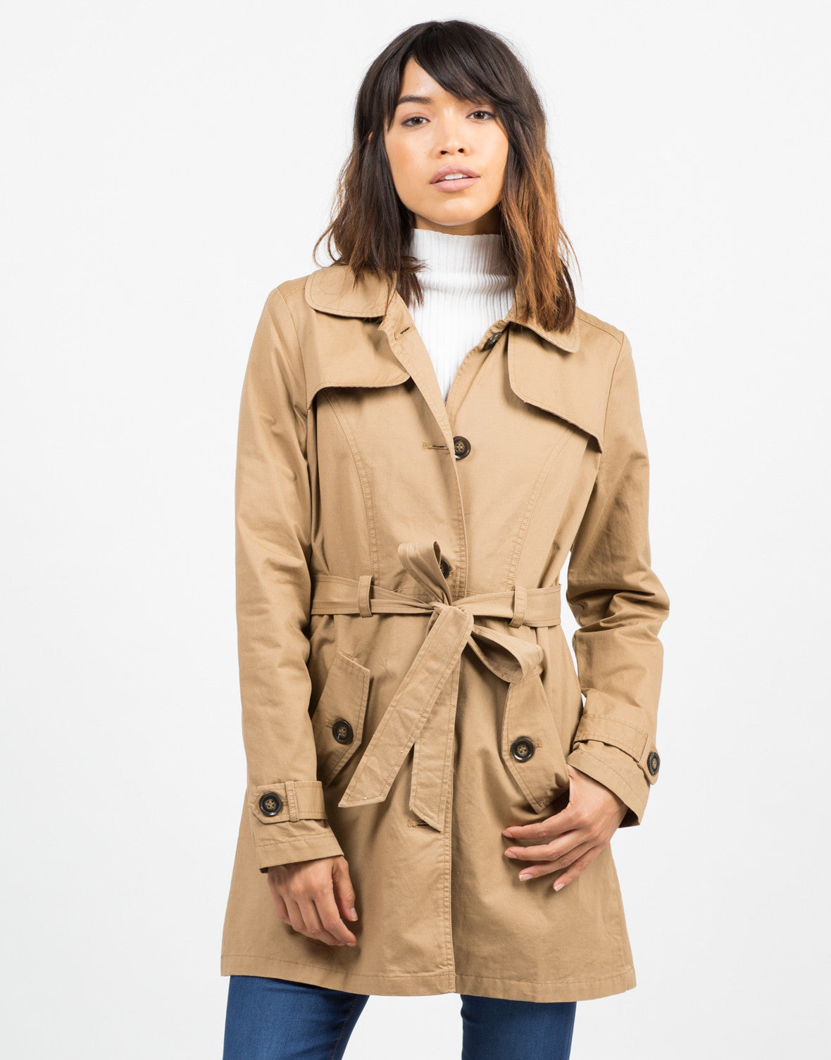Download Button Front Belted Trench Coat - Tan Jacket - Lightweight ...