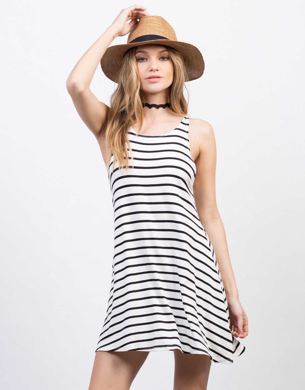 Casual Striped Tank Dress - Black White 