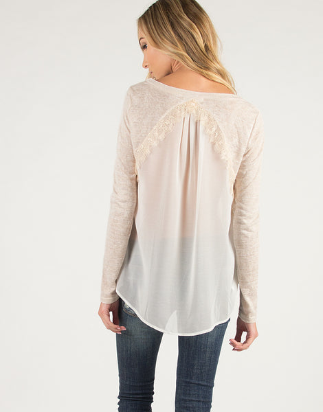 Chiffon Back Lace Trim Long Sleeve Top