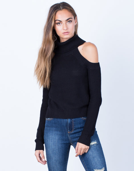 Chunky Knit Sweater Top - Turtleneck Sweater Top - Cold Shoulder ...