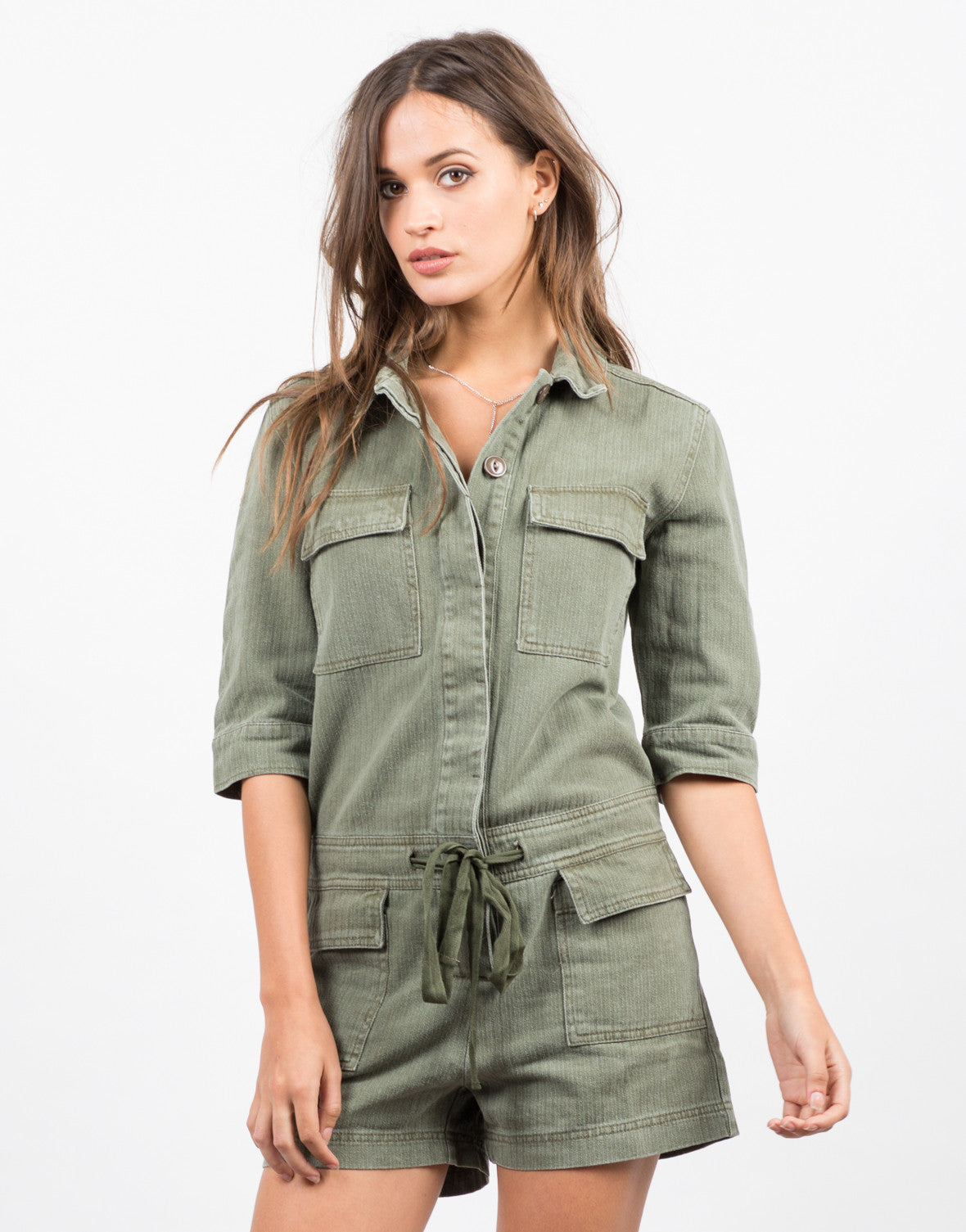 Collared Button Down Denim Romper - Green Romper - Womens Denim – 2020AVE