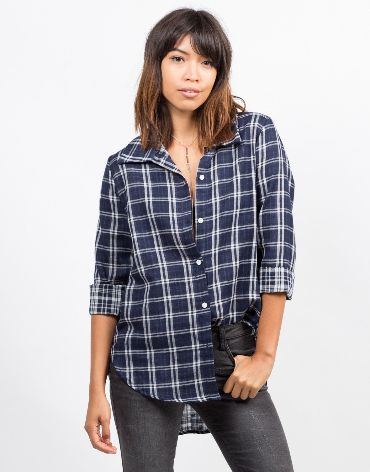 Contrast Plaid Shirt - Blue Shirt - Checker Blouse – 2020AVE