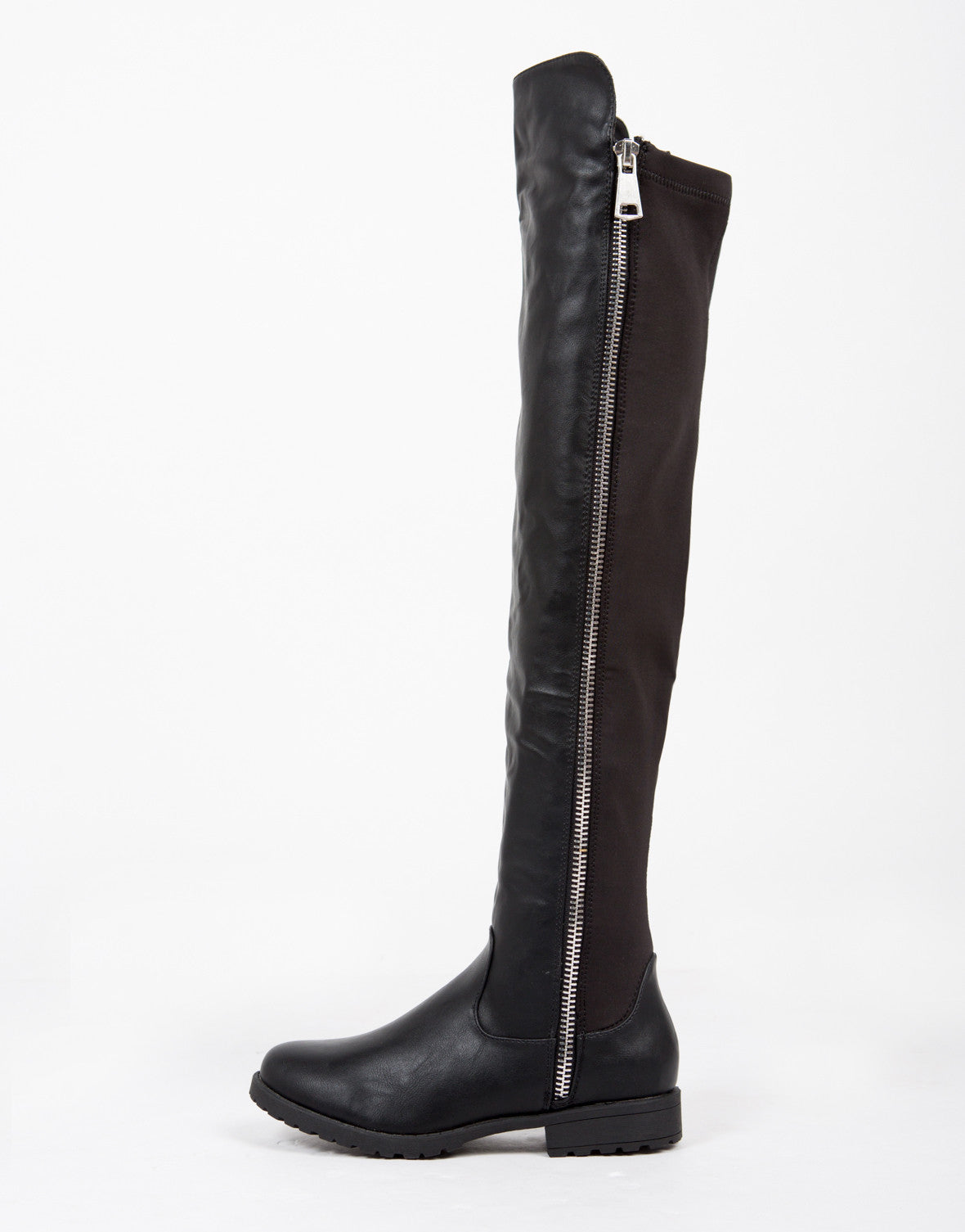 Contrast Zipper Over-the-Knee Boots - Black Boots - Leather Knee Boots ...
